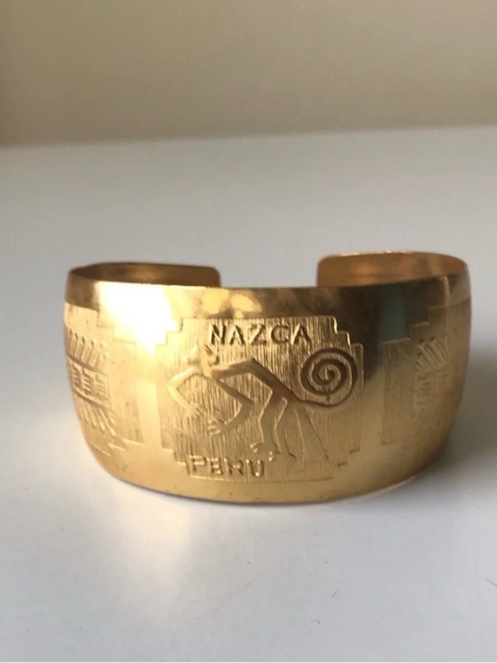 Nazca Peru Gold-Tone Artisan Etched Cuff Bracelet